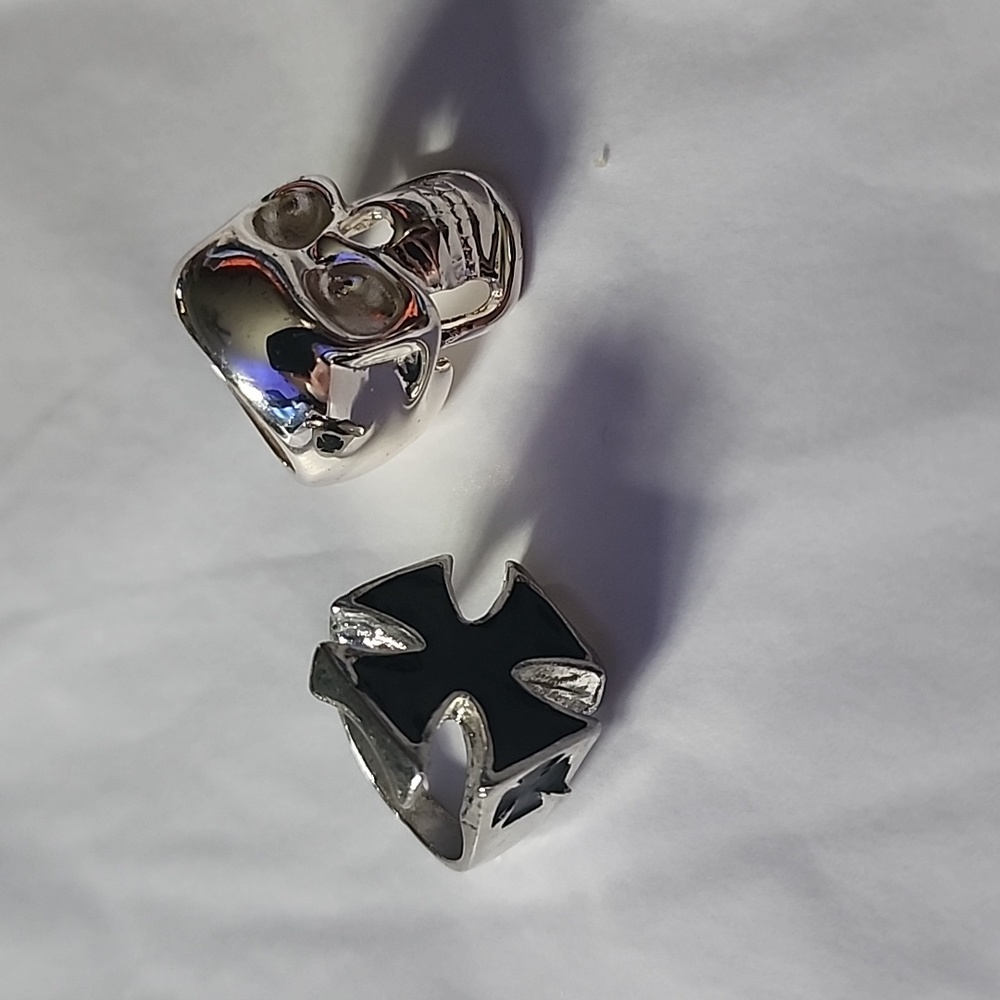 Skull and Maltese Cross Ring Silver Black Moto Ring Set of 2 Size 7